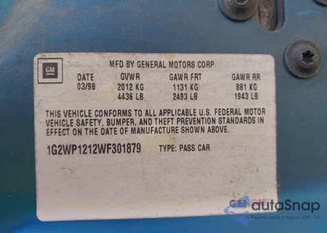 1998 Pontiac Grand Prix Gt from USA, damaged, VIN 1G2WP1212WF301879